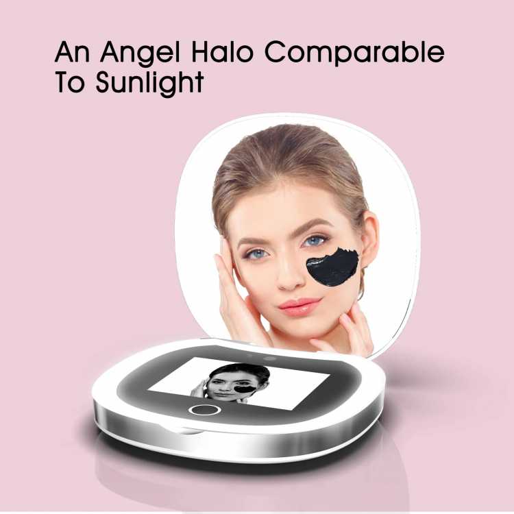 Travel Compact Mirror with UV Camera, 2X Magnification Portable UV Mirror with Lights Checking Facial Sunscreen LED Makeup Mirro 66