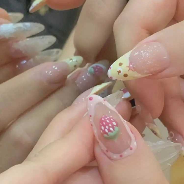 10Pcs Almond Press on Nails with Pink Strawberry Bear Design Acrylic False Nails Cute Full Cover Sweet Girl Wearable Nail Tips 66