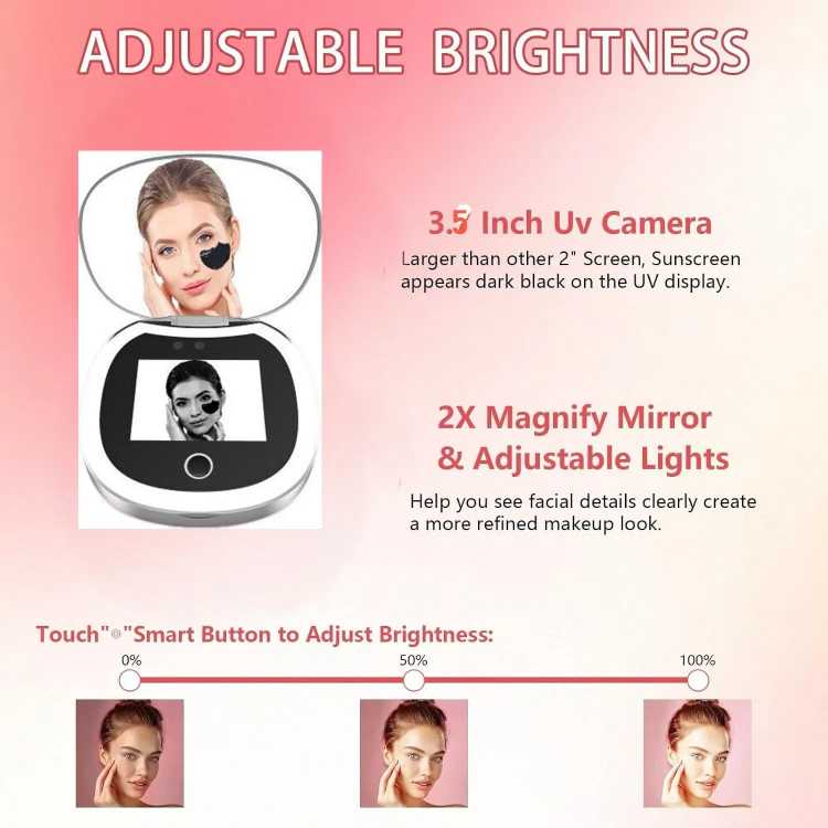 Travel Compact Mirror with UV Camera, 2X Magnification Portable UV Mirror with Lights Checking Facial Sunscreen LED Makeup Mirro 66