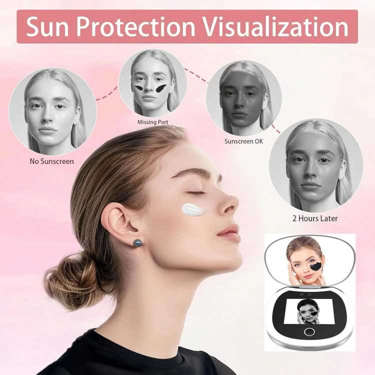 Travel Compact Mirror with UV Camera, 2X Magnification Portable UV Mirror with Lights Checking Facial Sunscreen LED Makeup Mirro 66