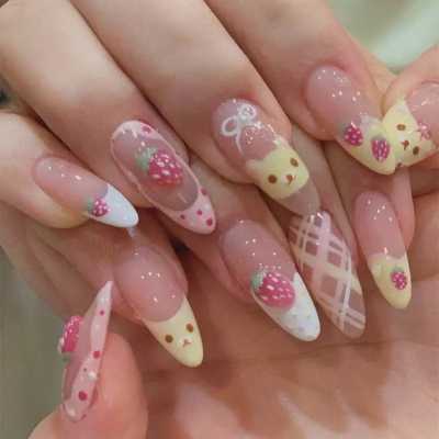 10Pcs Almond Press on Nails with Pink Strawberry Bear Design Acrylic False Nails Cute Full Cover Sweet Girl Wearable Nail Tips 66
